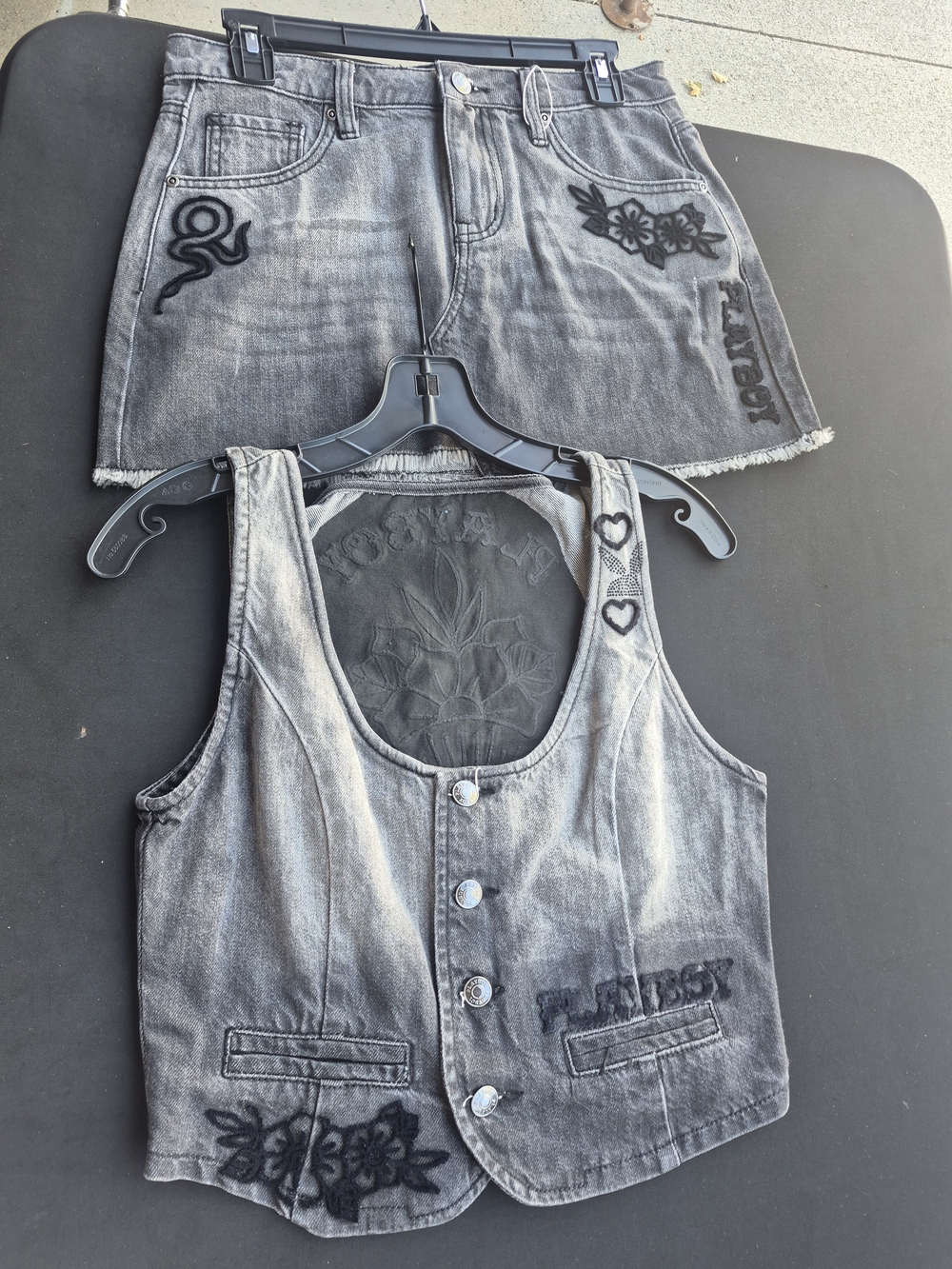 Grey Denim Vest and Skort Set with Floral Appliqué